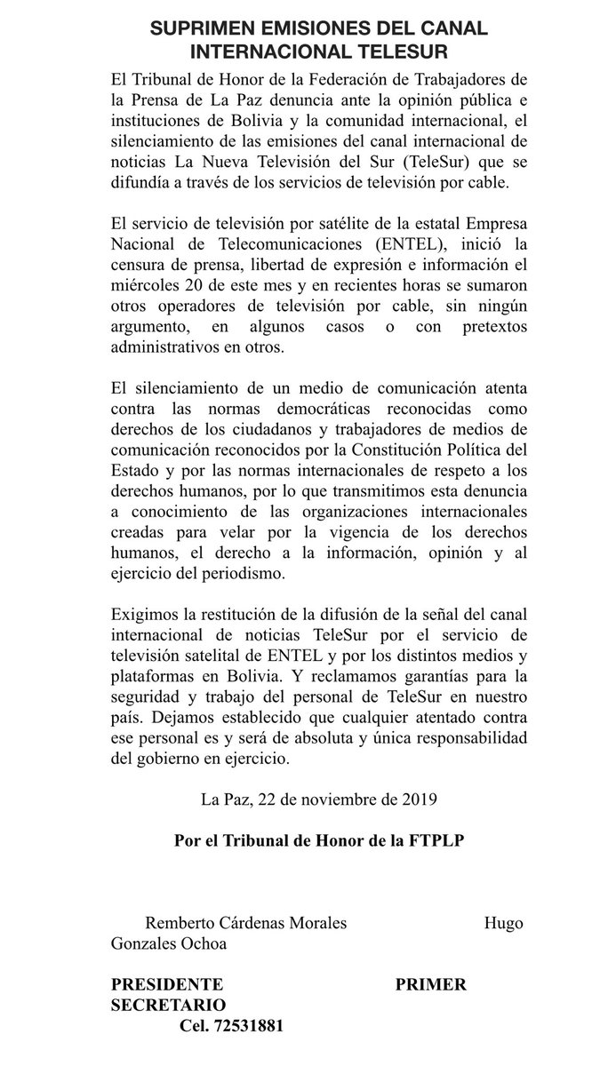 comunicado x telesur