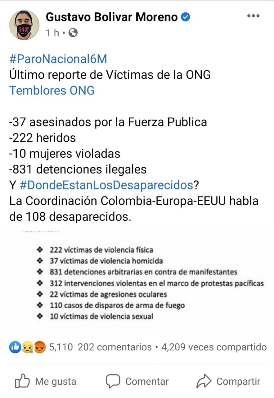 colombia cifras temblores ong 6 5 2021