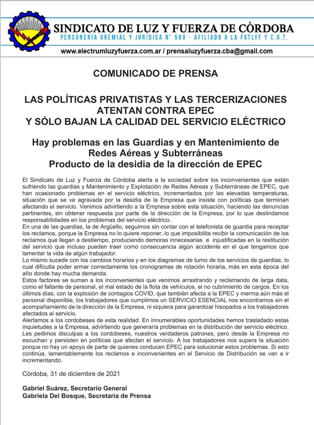 comunicado luz y fza cordoba