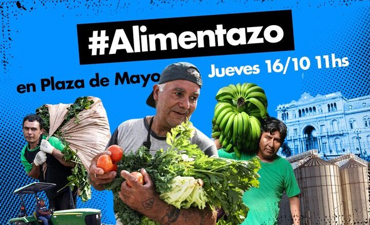 Personas con verduras en la mano y la inscripcion "el campo dice basta"
