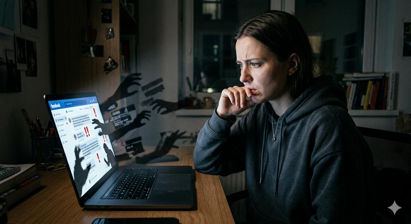 Imagen oscura de mujer joven siendo amenazada frente a computadora